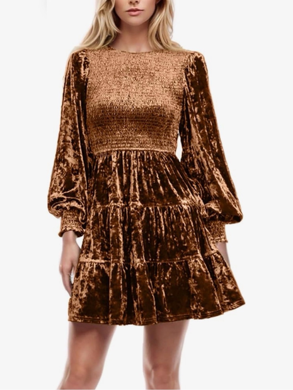 Brown Crushed Velvet Lantern-sleeve Smocked, Ruffled Dress Size Small